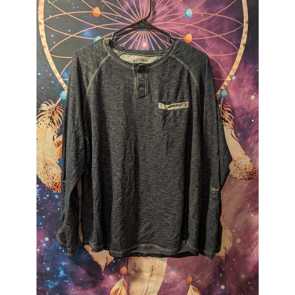 INC Men's Large Gray/Blue Henley Long Sleeve Button Top
